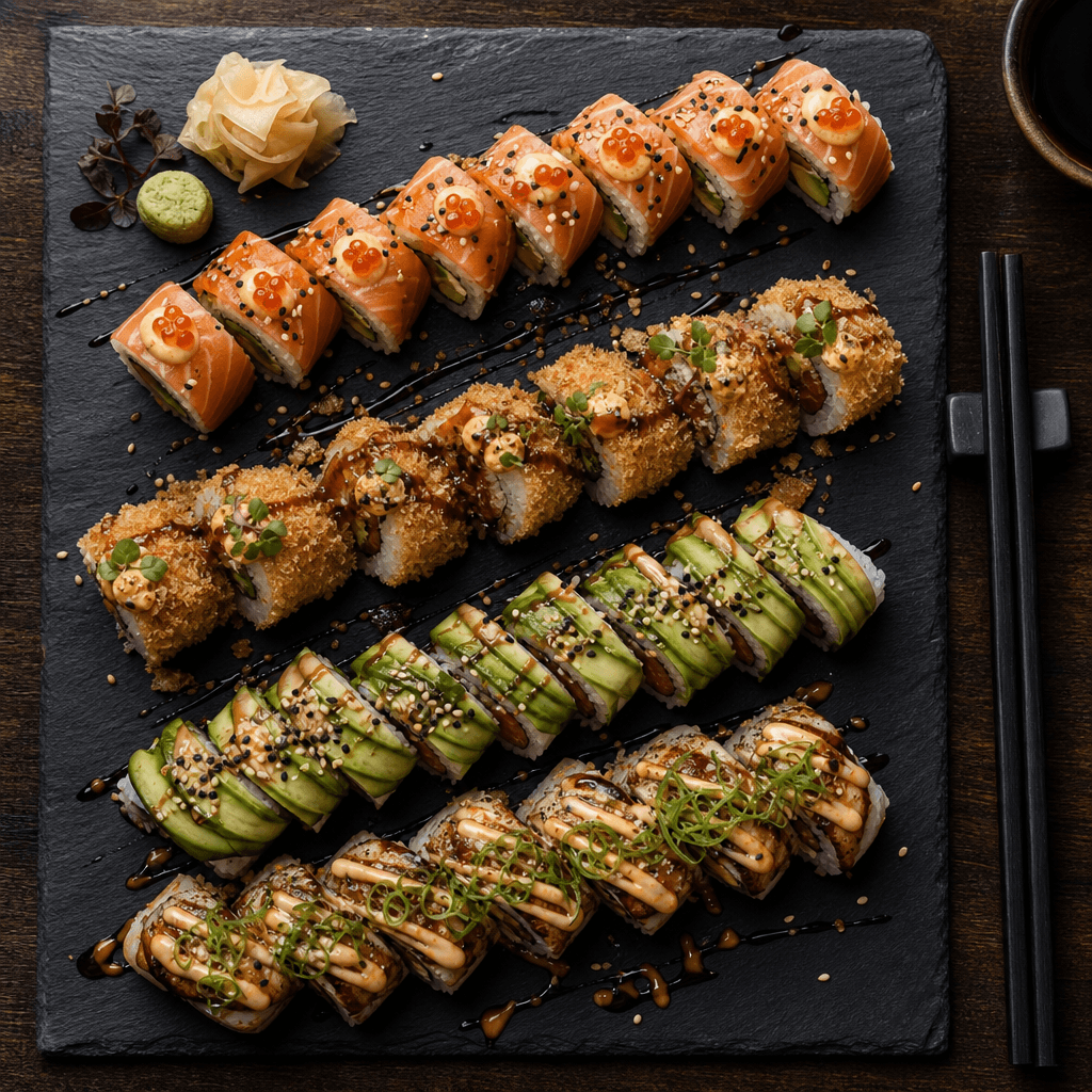 Rolls de sushi de TAKE'S bañados en salsa