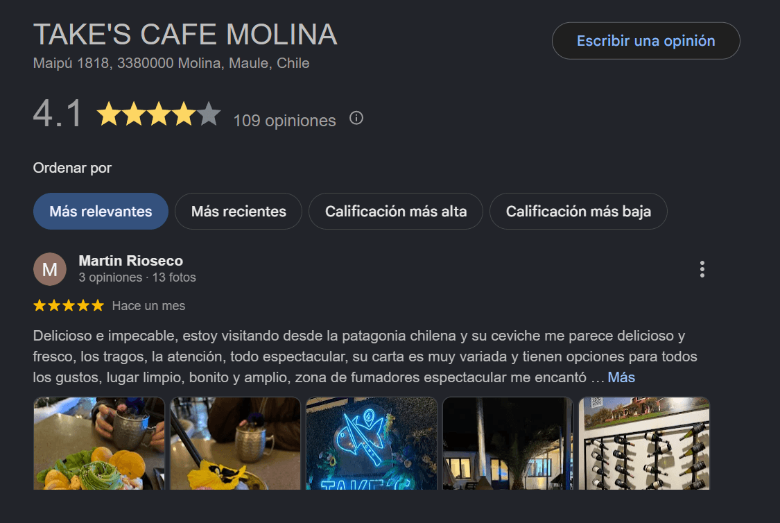 Reseña de TAKE'S en Google 1